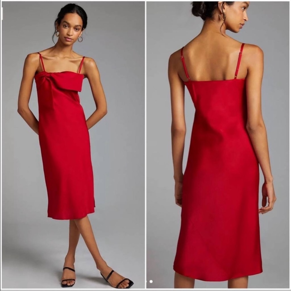 Hutch for Anthropologie Bow Front Slip MIDI Dress Cherry Red Size Medium